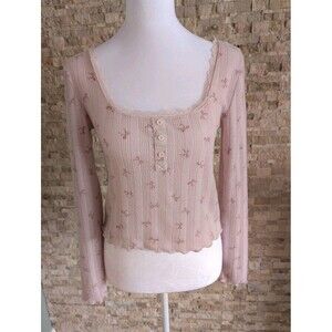 Coquette Pink Bow Print Cropped Lettuce Hem Ruffle Lace Ballet Soft Girl Shirt